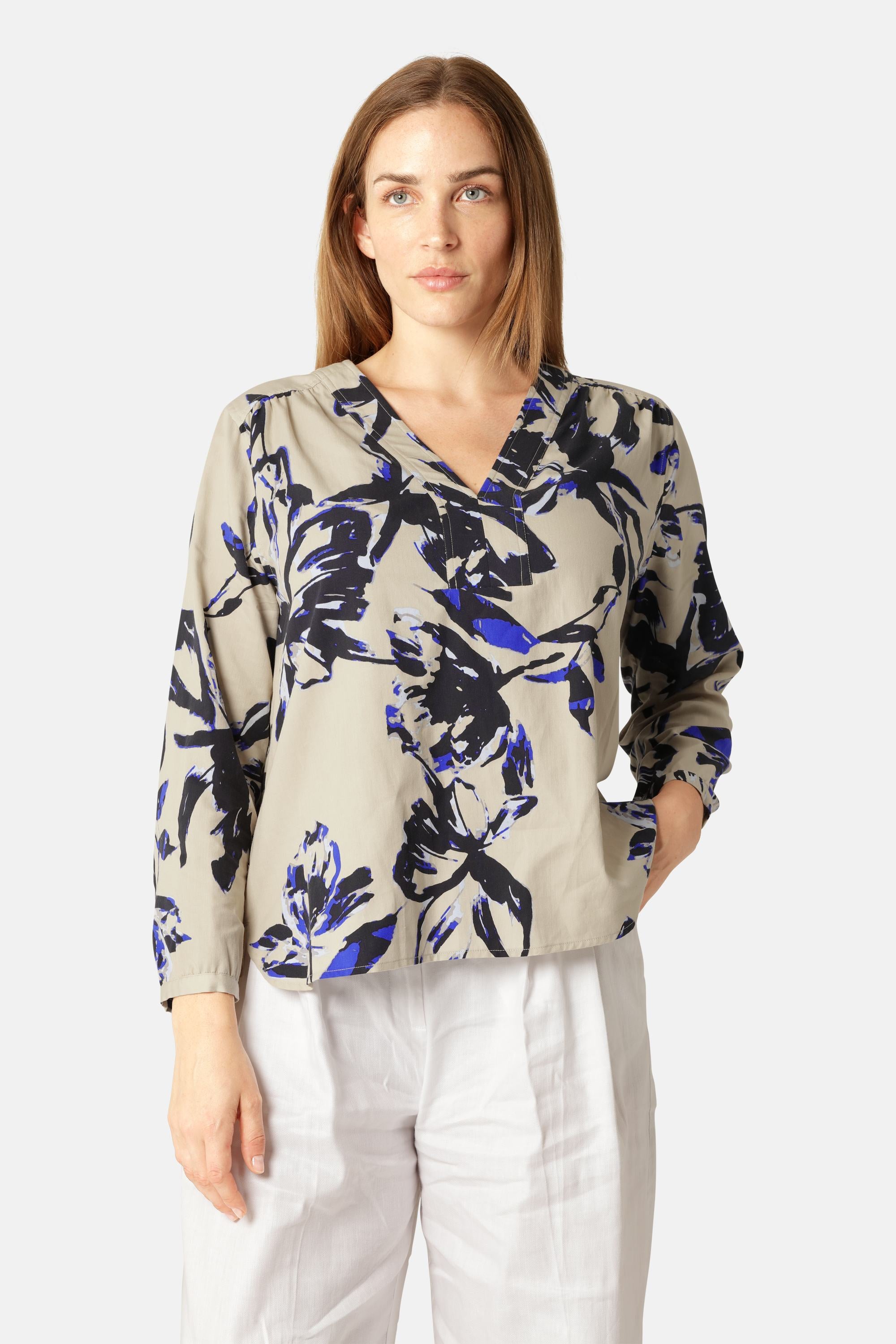 Bluse mit V-Ausschnitt - Sand Artsy Stroke Flower